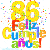 GIF festivo lleno de confeti de colores, el número 86 grande en amarillo y la frase 'Feliz cumpleaños' en letras multicolores y brillantes.