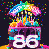 Chocolate cake with cyan layers, pink dressing and a big number 86 adorned with vibrant multicolored frosting, lit candles, and a rainbow topper with text that says 'Happy Birthday'. Animated colorful confetti move behind the cake.
