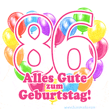 Ein verspieltes animiertes Geburtstags-GIF mit bunten Ballons in Herzform und der Zahl 86.