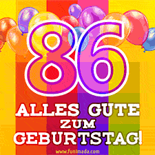 Große Zahl 35 in Umrissschrift, die Worte 'Alles Gute zum 86. Geburtstag', mehrfarbige animierte Ballons und lebendiger Hintergrund.