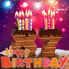 87th birthday GIF featuring a chocolate cake on bokeh background shaped as the number 87, with colorful lit candles on top. Happy Birthday text appears below in a bold font and pink, orange and red colors.