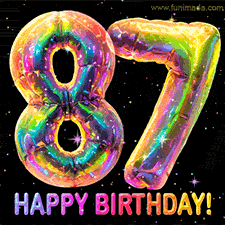 Shiny number 87 birthday celebration balloons with an iridescent glow and glitter on a black background with twinkling stars.