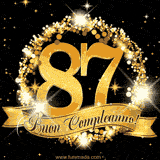 Il numero 87 è circondato da un anello dorato brillante, accompagnato da un nastro elegante con la scritta 'Buon Compleanno!' su uno sfondo scuro.