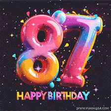 A vibrant age-specific birthday short animation displays the number '87' in shiny balloon-like letters with the words 'Happy Birthday' underneath. The dark background is punctuated with festive stars and balloons.
