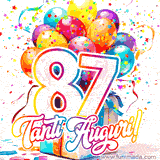 Animazione con palloncini colorati e scintillanti, accompagnata dal numero 87 in caratteri grandi e luminosi, e la scritta 'Tanti Auguri!' in stile vivace.