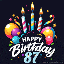 A celebratory sticker-themed 87th birthday animated image with lit candles, balloons, and streamers. The text reads 'Happy Birthday 87 with a stylized, dynamic font.