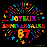 GIF animé 'Joyeux Anniversaire 87' avec des lettres colorées et des feux d'artifice éclatants
