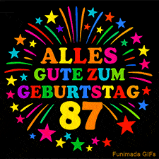 Animiertes GIF 'Alles Gute zum Geburtstag 87 mit bunten Buchstaben und leuchtenden Sternen