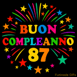 GIF animata 'Buon Compleanno 87' con lettere colorate e fuochi d'artificio