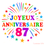 GIF animé joyeux anniversaire 87 ans avec étoiles multicolores et feu d’artifice