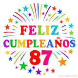 Imagen animada para felicitar los 87 años con letras de colores y diseño festivo.