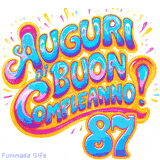 GIF animata con la scritta 'Auguri di Buon Compleanno 87' in colori vivaci e stile artistico festoso.