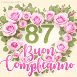 GIF per il 87° compleanno con un cuore di rose rosa e scritta elegante