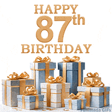 Festive animated eCard with elegant 'Happy 87th Birthday' text above a pile of luxurious blue, white, and gold gift boxes and presents.