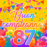 Un GIF animato per un 87° compleanno, Presenta il testo 'Buon Compleanno 87' su uno sfondo giallo vivo con palloncini colorati, festoni e una pioggia di coriandoli.