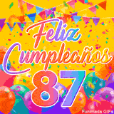Un GIF animado para un 87º cumpleaños, Muestra el texto 'Feliz Cumpleaños 87' sobre un fondo amarillo vibrante con globos de colores, banderines y una lluvia de confeti.