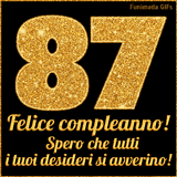 Un GIF animato per un 87° compleanno, Presenta il testo 'Buon Compleanno 87' su uno sfondo giallo vivo con palloncini colorati, festoni e una pioggia di coriandoli.