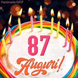 Un'animazione celebrativa di una torta di compleanno per i 87 anni, Le fiamme delle candeline tremolano e delle scintille brillano intorno, creando un'atmosfera festosa e magica.