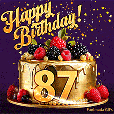 A delicious-looking animated birthday card for a 87th birthday, decorated with raspberries, blackberries, and gold details, Stars sparkle and fall, with 'Happy Birthday!' text above.