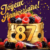 Une animation de célébration d'un gâteau de 87ème anniversaire, Des étoiles dorées tombent du ciel, mettant en valeur le texte 'Joyeux Anniversaire !' et le nombre doré 87 à l'avant du gâteau.