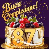 Un GIF animato di una bellissima torta per il 87° compleanno con glassa dorata e frutti di bosco freschi, Il numero dorato 87 è davanti, e stelle cadono su uno sfondo viola scuro.