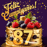 Una animación de celebración de una tarta para el 87º cumpleaños, Estrellas doradas caen del cielo, destacando el texto '¡Feliz Cumpleaños!' y el número dorado 87 en la tarta.