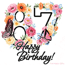 A floral 87th birthday animated greeting card. The number '87' is surrounded by animated flowers and butterflies, creating a beautiful and cheerful way to celebrate the milestone.