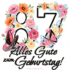 Ein florales GIF zum 87. Geburtstag. Die Zahl '87' ist von animierten Blumen und Schmetterlingen umgeben und bietet eine schöne und fröhliche Art, den Meilenstein zu feiern.