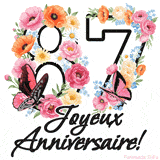 Ce GIF de Joyeux 87ème Anniversaire présente le nombre vingt rempli d'un bouquet vibrant de fleurs animées, avec des papillons qui bougent doucement sur un fond blanc.