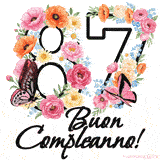 Questo GIF di Buon 87° Compleanno mostra il numero venti riempito con un vibrante bouquet di fiori animati, con farfalle che si muovono dolcemente su uno sfondo bianco.