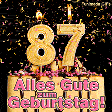 Brennende goldene Ziffer 87 auf einer leckeren Torte mit Schokolade. Rosa und gelbes Konfetti fällt herab. Text im Bild: Alles Gute zum Geburtstag! Fest.