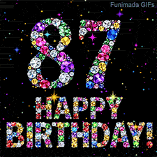 Sparkling multicolored gems outline the digit 87 and Happy Birthday words, contrasting against a black canvas filled with small flashing bright shining lights.