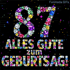 Eine Ziffer 87 und der Schriftzug Alles Gute zum Geburtstag aus leuchtenden Kristallen auf schwarzem Hintergrund mit bunten Sternchen.