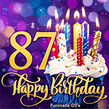 The golden digit 87 next to a cupcake with colorful sprinkles and lit candles. Happy Birthday is written in cursive gold over a blurry purple background.