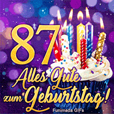 Neben der goldenen 87 steht ein Cupcake mit weißem Frosting und leuchtenden Kerzen. Darunter goldene Schrift vor violettem Bokeh-Hintergrund.