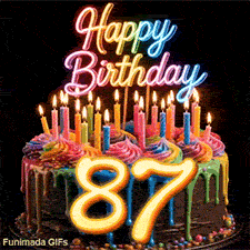 Animated GIF of a revolving rainbow drip cake for 87th birthday with lit candles and glowing number 87.