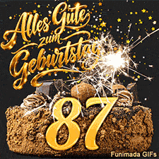 Goldsterne fallen auf die Glasur einer Torte mit der goldenen 87. Eine brennende Wunderkerze steht direkt neben den festlichen Glückwünschen.