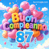 Grappolo animato di palloncini vibranti che dondolano leggermente. Le lettere a palloncino 3D formano Buon Compleanno sopra il numero azzurro 87 sospeso.