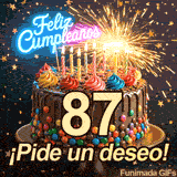 Torta de cumpleaños con el número 87 dorado en el centro. Letrero de Feliz Cumpleaños brillando alegremente entre chispas de bengala y estrellitas.