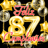 Animación de un GIF con el número 87 en dorado, rodeado de estrellas, burbujas brillantes y la frase 'Feliz cumpleaños' en letras modernas y festivas.