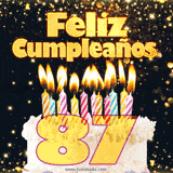 GIF animado de un pastel decorado con velas de colores, con el número 87 resaltado y un fondo brillante que transmite celebración.