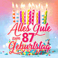 Alles Gute zum 87. Geburtstag! Schöne Geburtstagstorte animierte GIF.