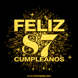 GIF animado con un diseño dorado, mostrando el número 87 rodeado de fuegos artificiales y luces que resaltan una atmósfera festiva y vibrante.