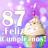 Animación de un cupcake con cobertura blanca, confites de colores, una vela encendida y el número 87 en grande sobre un fondo púrpura con luces brillantes.
