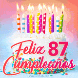 GIF animado con un pastel blanco decorado con confites y velas de colores encendidas, acompañado de la frase 'Feliz 87 cumpleaños' sobre un fondo alegre.