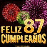 GIF animado con el número 87 en dorado, rodeado de fuegos artificiales rojos, verdes y morados, con el mensaje 'Feliz cumpleaños' en letras doradas.