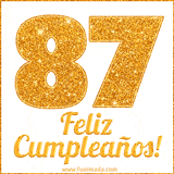 Imagen animada con el número 87 en diseño dorado brillante acompañado de la frase 'Feliz cumpleaños' sobre un fondo blanco simple y elegante.