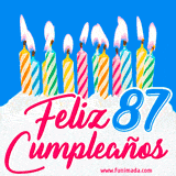 Animación de un pastel decorado con velas coloridas y encendidas, el número 87 destacado en azul y la frase 'Feliz cumpleaños' en letras estilizadas.