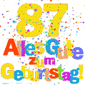 Festliches und farbenfrohes GIF-Bild zum 87. Geburtstag.