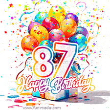 A festive birthday age GIF with animated star confetti, colorful balloons, and a gift box with the number 87. The text reads 'Happy Birthday'.
